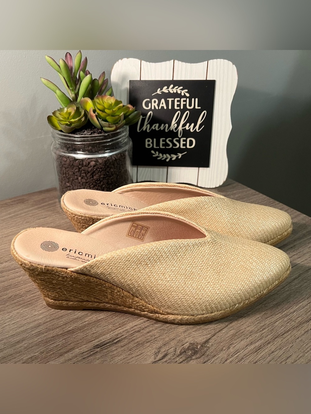 Eric Michael Natural Beige Espadrille Wedge Slides